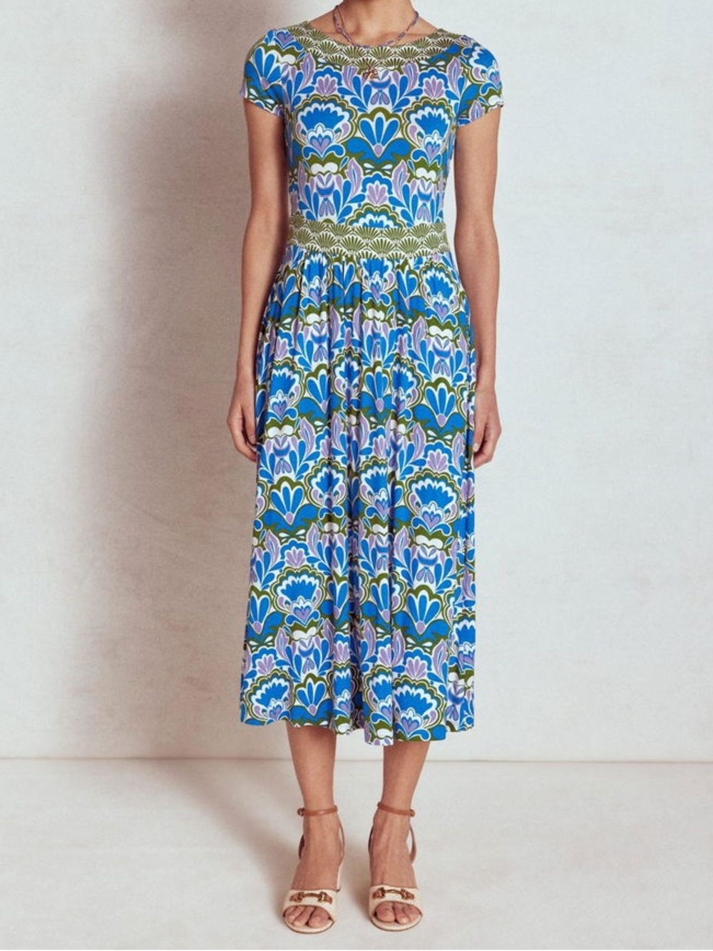Boden Melanie Print Jersey Midi Dress Scoop Neck Cap Sleeve Blue Size 6